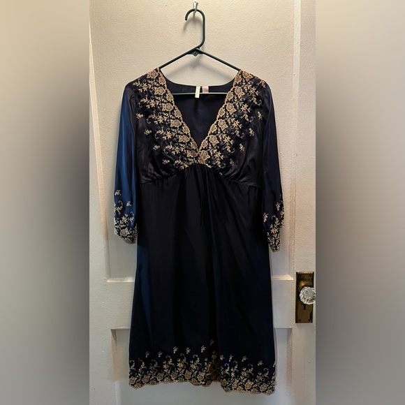 Eloise 100% Silk Navy Empire Waist Dress - 6 - Picture 1 of 2